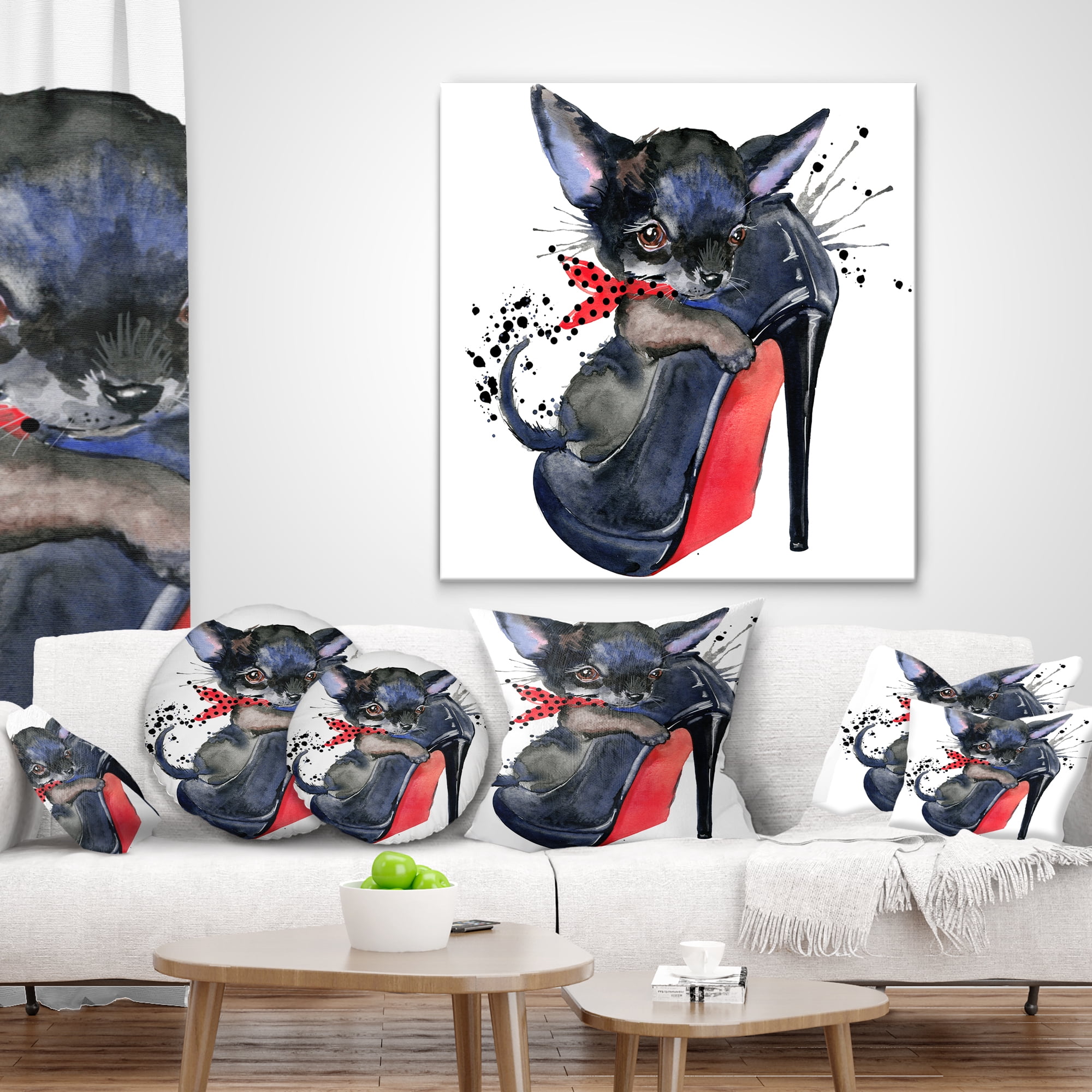 Designart Cute Dog over Large Heeled Shoe - Animal Throw Pillow - 18x18