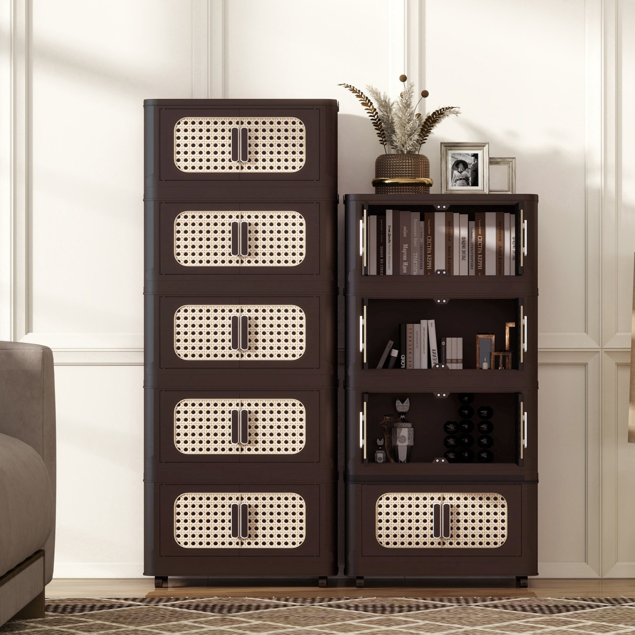 Noble House 20" Folding Plastic Storage Cabinet, 4-Tier Collapsible PP Bins, Magnetic Door with Wheels, Retro Brown