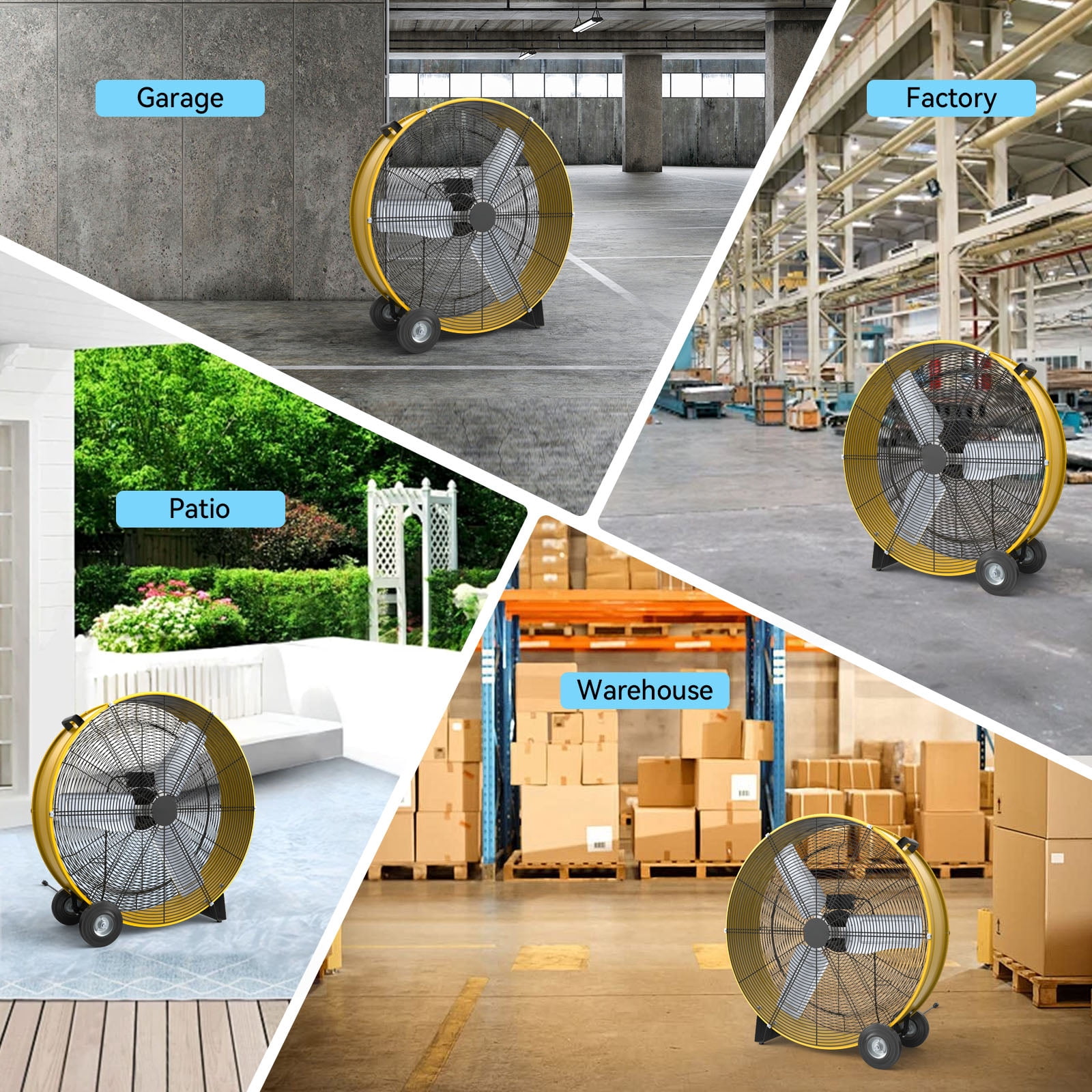 30 Inch 3 Speed High Velocity Industrial Drum Fan, 14000 CFM, Yellow, For Warehouse, Workshops, Garage, Factory and Basement, UL Safety Listed