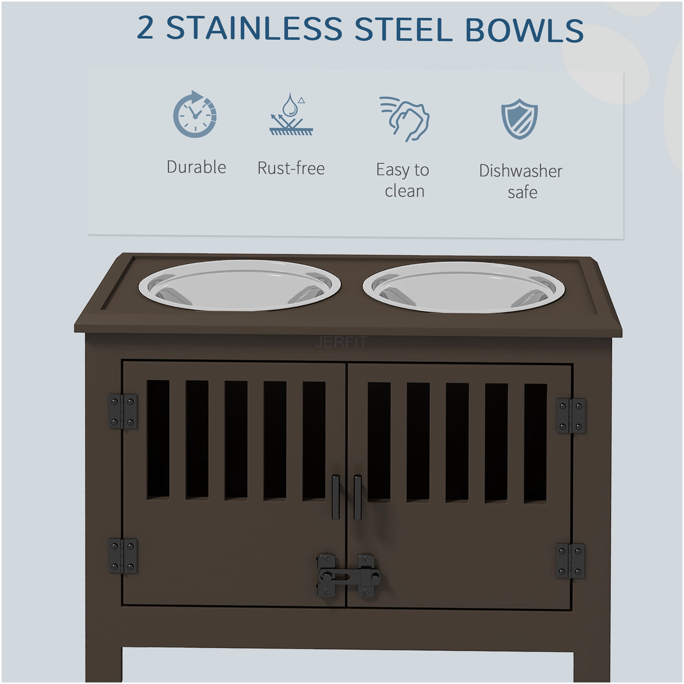 JERFIT Elevated Dog Feeder with Storage Cabinet, 37L Pet Food Organizer Stand with 2 Stainless Steel Bowls for Large Dogs, Espresso