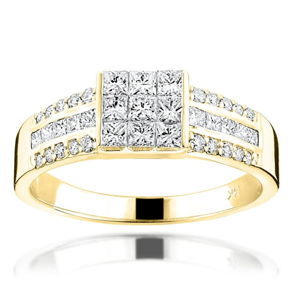 Round Princess Cut 14k Natural Diamond Ring Unisex Wedding Band (Yellow Gold Size 8.5)