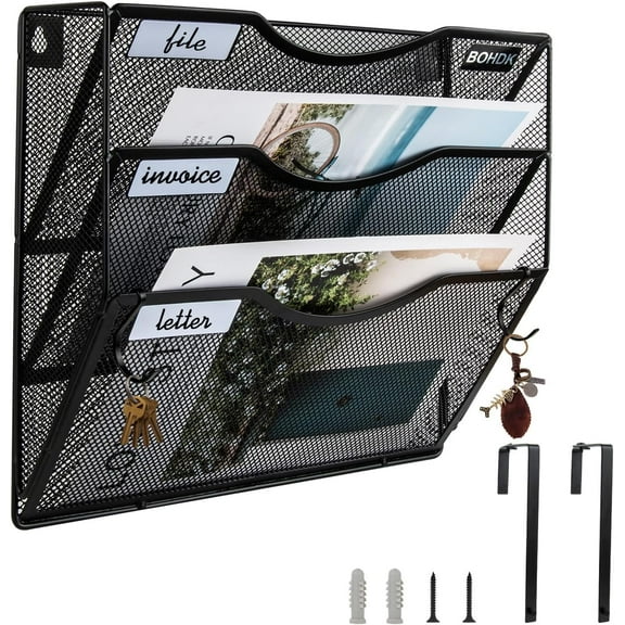 Wall File Organizer, 3 Tire Hanging File Folder Mail Organizer, Vertical Mesh Metal Door/Wall Mount Hanging File Holder, Paper Document Magazine Rack with Hooks for Home Office Black