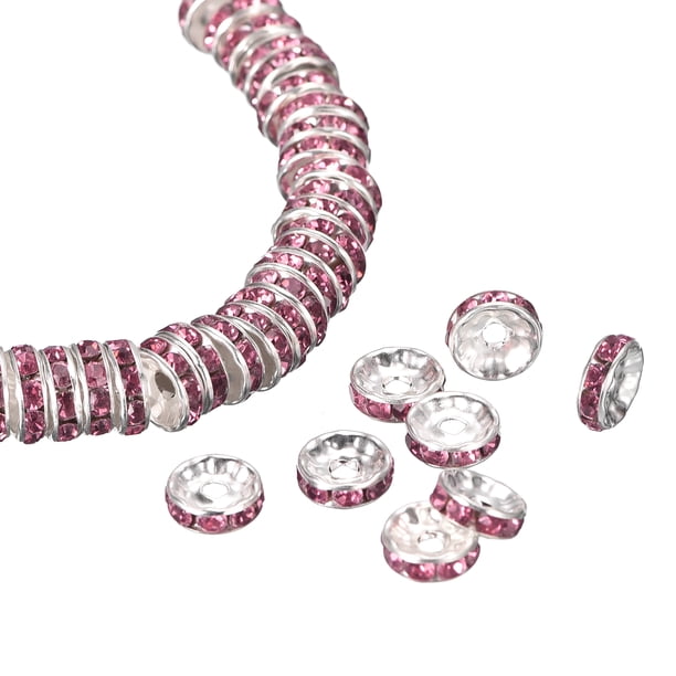 Cuentas espaciadoras de metal Uxcell con cristal de rhinestone, cuentas espaciadoras redondas, 200Pcs, rosa, 6mm