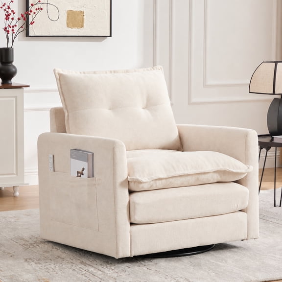360°Swivel Accent Chair, Upholstered 28''W Oversized Armchair, PAPROOS Barrel Chair Reading Armchair with Side Pockets & Cushion, Modern Accent Chair with Metal Base for Living Room Bedroom,Beige