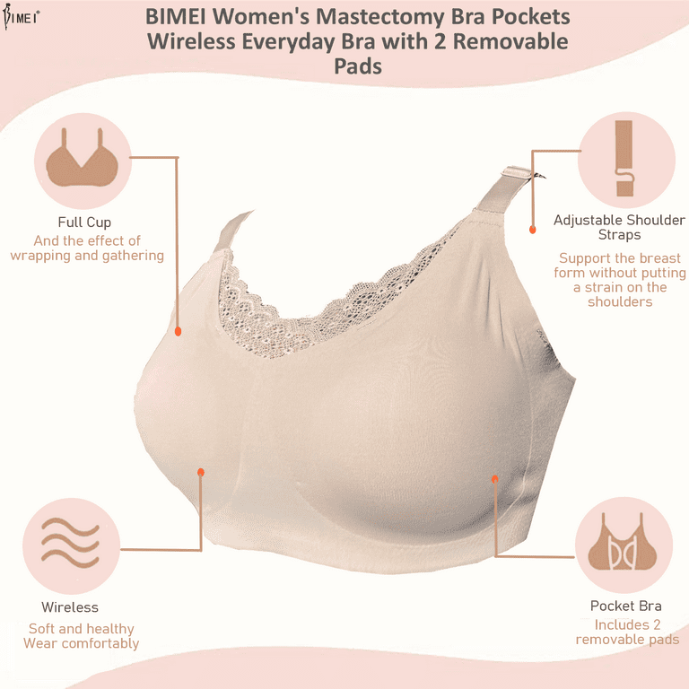 BIMEI Seamless Mastectomy Lace Bra for Women Breast Prosthesis with Pockets  Sleep Bras Soft Daily Bras with 2 Removable Pads,Beige,XL