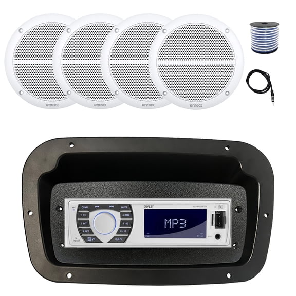 Pyle PLRMR23BTW Single DIN Bluetooth Marine MP3 Stereo Receiver, Spa bezel, Adapter Plate, 22" Radio Antenna, Wire, 4x 6.5" 90 Watt Peak Power 2-Way Full Range Audio Speakers (White)
