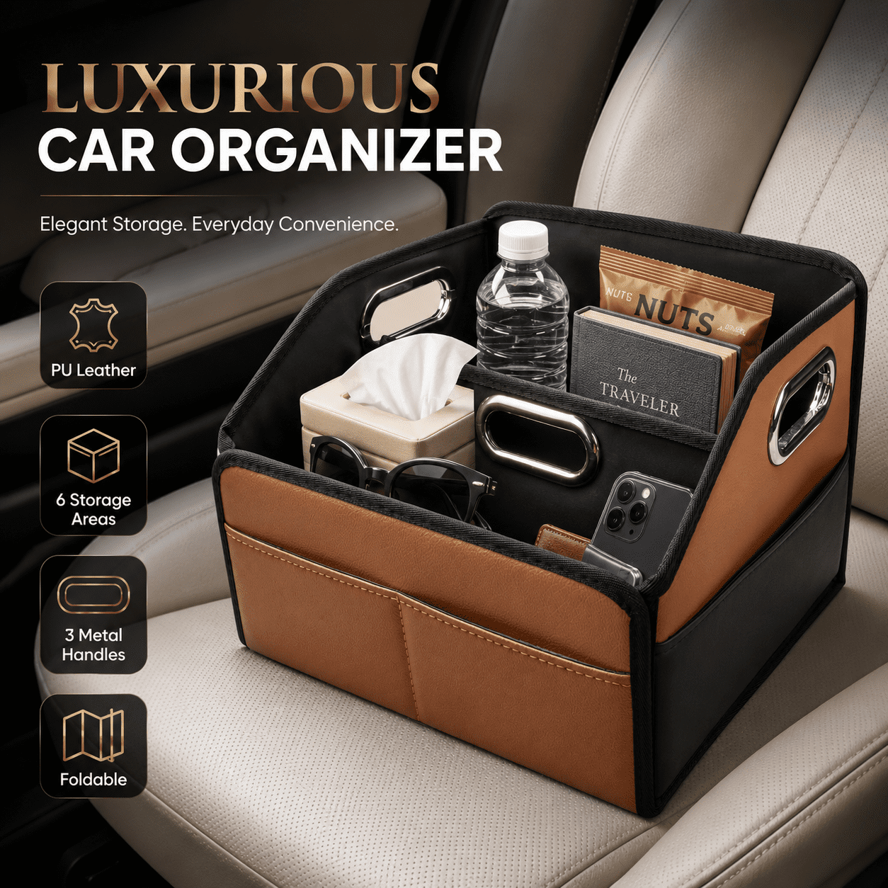 Noaman Leather Car Seat Organizer with 6 Compartments, 3 Handles, Multipurpose
