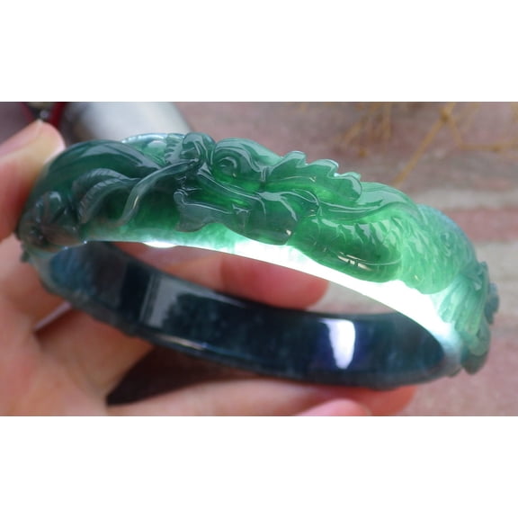 Certified Icy Green Burma 100% Natural A JADE Jadeite Dragon Coin Ruyi Bangle Bracelet 64 mm 670956 TN