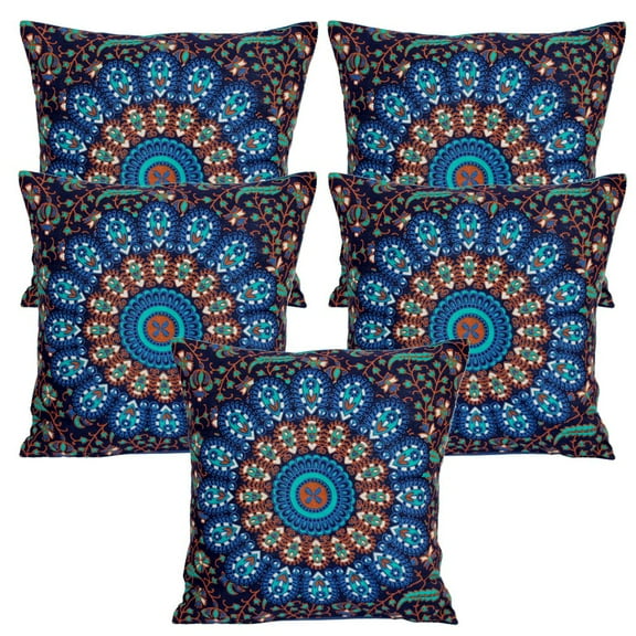 Stylo Culture Indian Couch Throw Pillow Covers 16x16 Peacock Eye Printed Dark Blue Green Traditional 40 x 40 cm Home Decor Cotton Mandala Square Cushion Covers | Set Of 5
