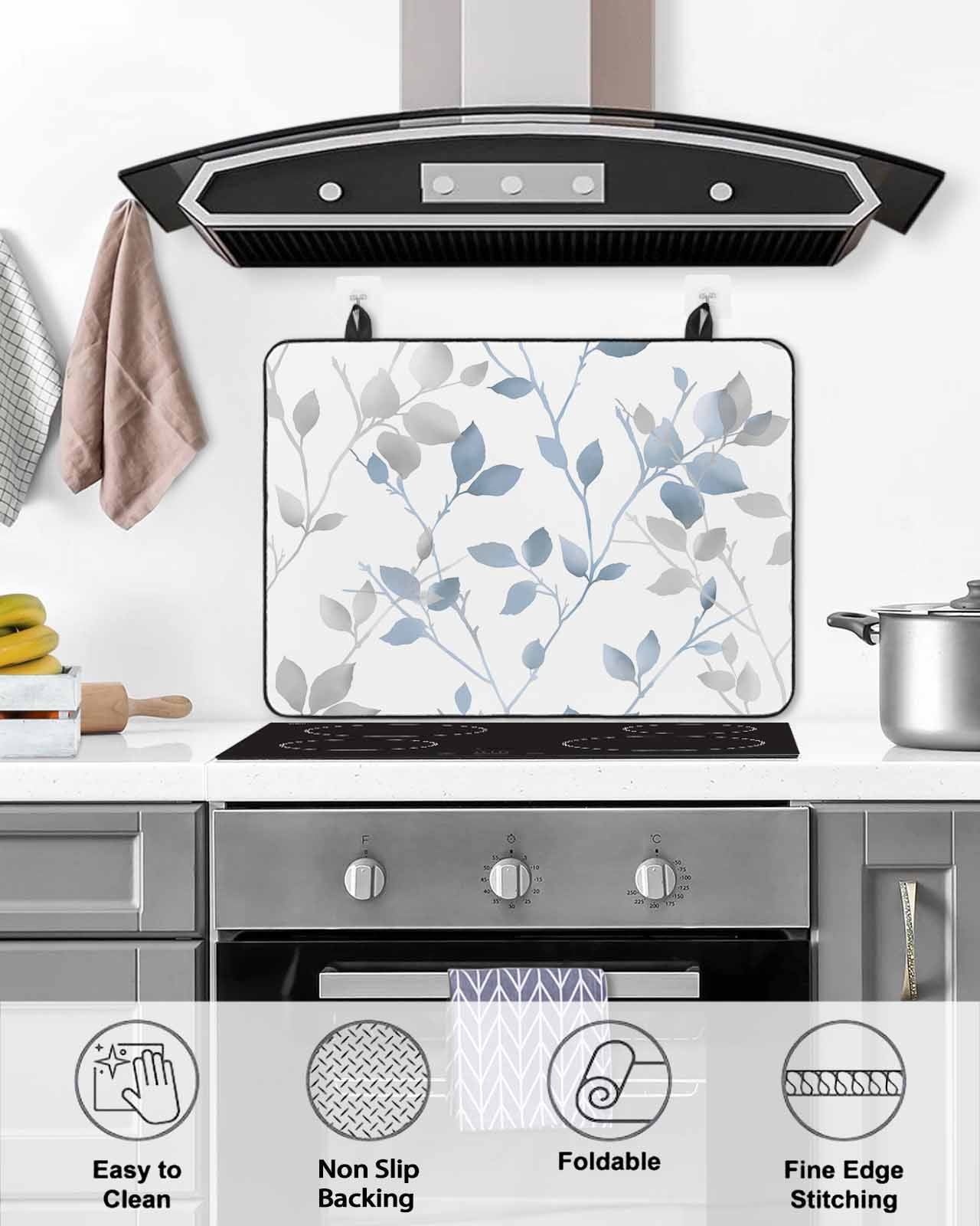 nqOlkjepod Large Induction Cooktop Protector Mat 24"x21", Blue Branches Leaves Stove Top Covers for Electric Stove, Spring Summer Botanical Pastoral Stove Burner Cover Mats, Glass Top Stove Cover
