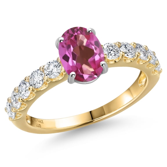 Gem Stone King 14K Two Tone Gold Pink Mystic Topaz and Lab Grown Diamond Engagement Ring for Women | 1.95 Cttw | Oval 8X6MM | Gemstone November Birthstone | Size 8