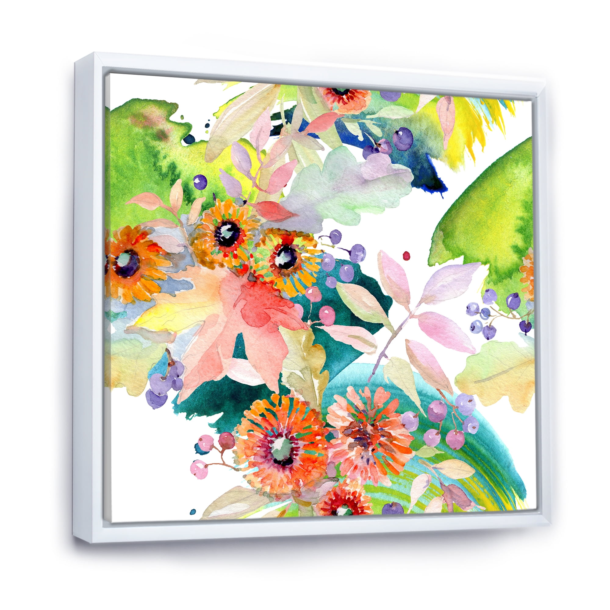 Designart 'Vital Wild Spring Leaves and Wildflowers III' Modern Framed Canvas Wall Art Print