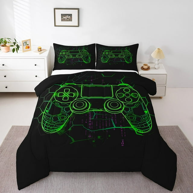 Erosebridal Ensembles de Douillette Gamer pour Garçons Format Simple, Douillettes et Couettes Manette Vert Néon, Déco de Chambre pour Enfants, Réversible