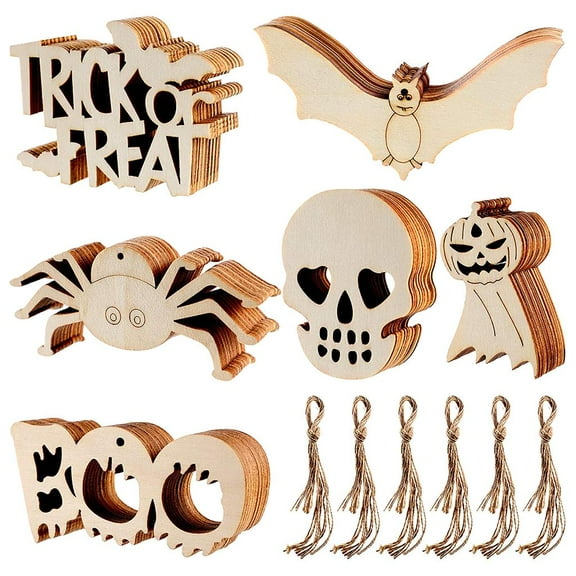 Rvaymup 60pcs Halloween Wooden Slice Bat Spider Ghost Blank Hanging Tags DIY Pendant