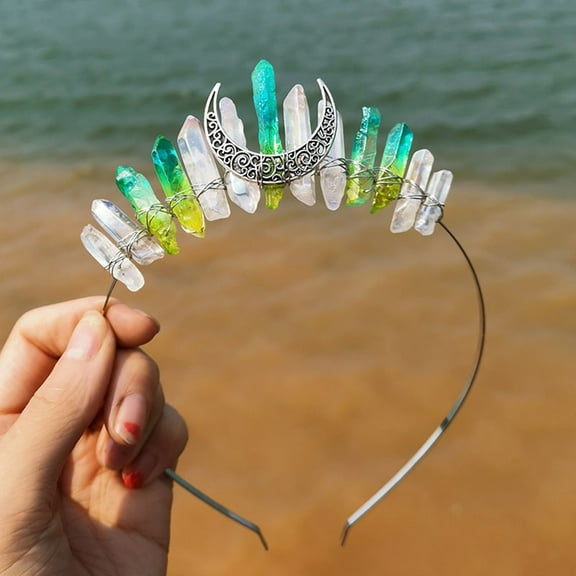 Halloween Women Amethyst Crystal Crown Headband Raw Quartz Tiara Moon Goddess Bridal Headpiece for Festival Wedding Party Photog (white-yellowgreen)