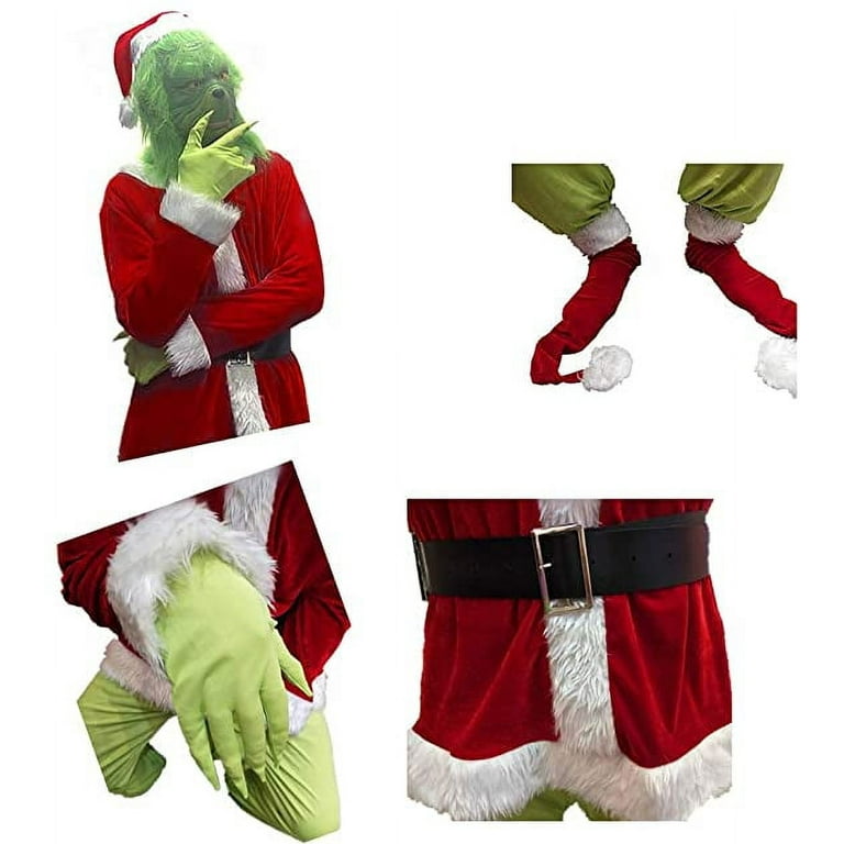 Christmas Adult Grinch Costume Kids Santa Claus Costume Men And Women 7 Pcs  Costume Set Including Mask_y