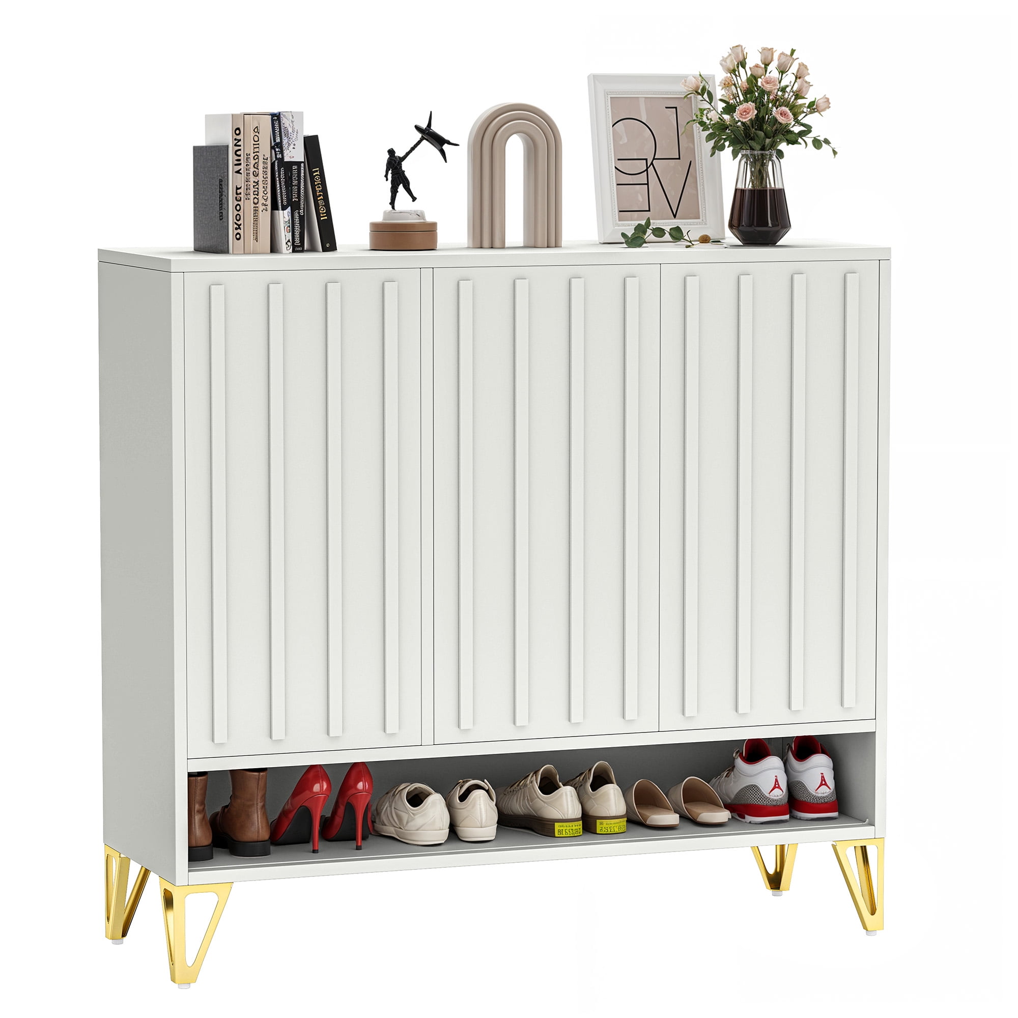 Uforic Shoe Cabinet with Doors & Adjustable Shelves, Metal Shoe Rack Organizer, White