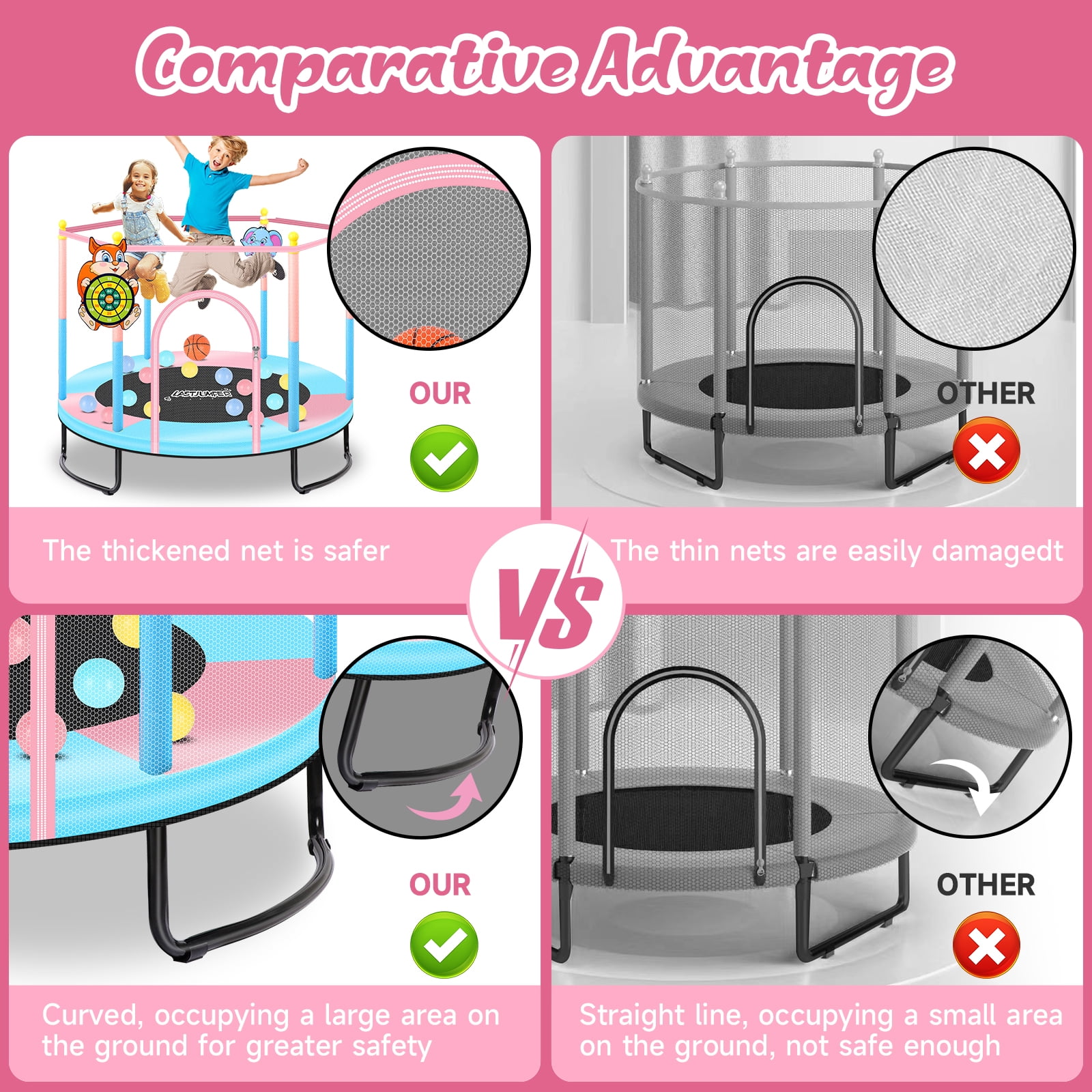 LASTJUMPER 60"  Trampoline for Kids 2-5, 5ft Mini Indoor & Outdoor Small Toddler Trampoline with Basketball Hoop, Dart Board, Ocean Ball ,Baby Trampoline Toys, Birthday Gifts for girl,pink