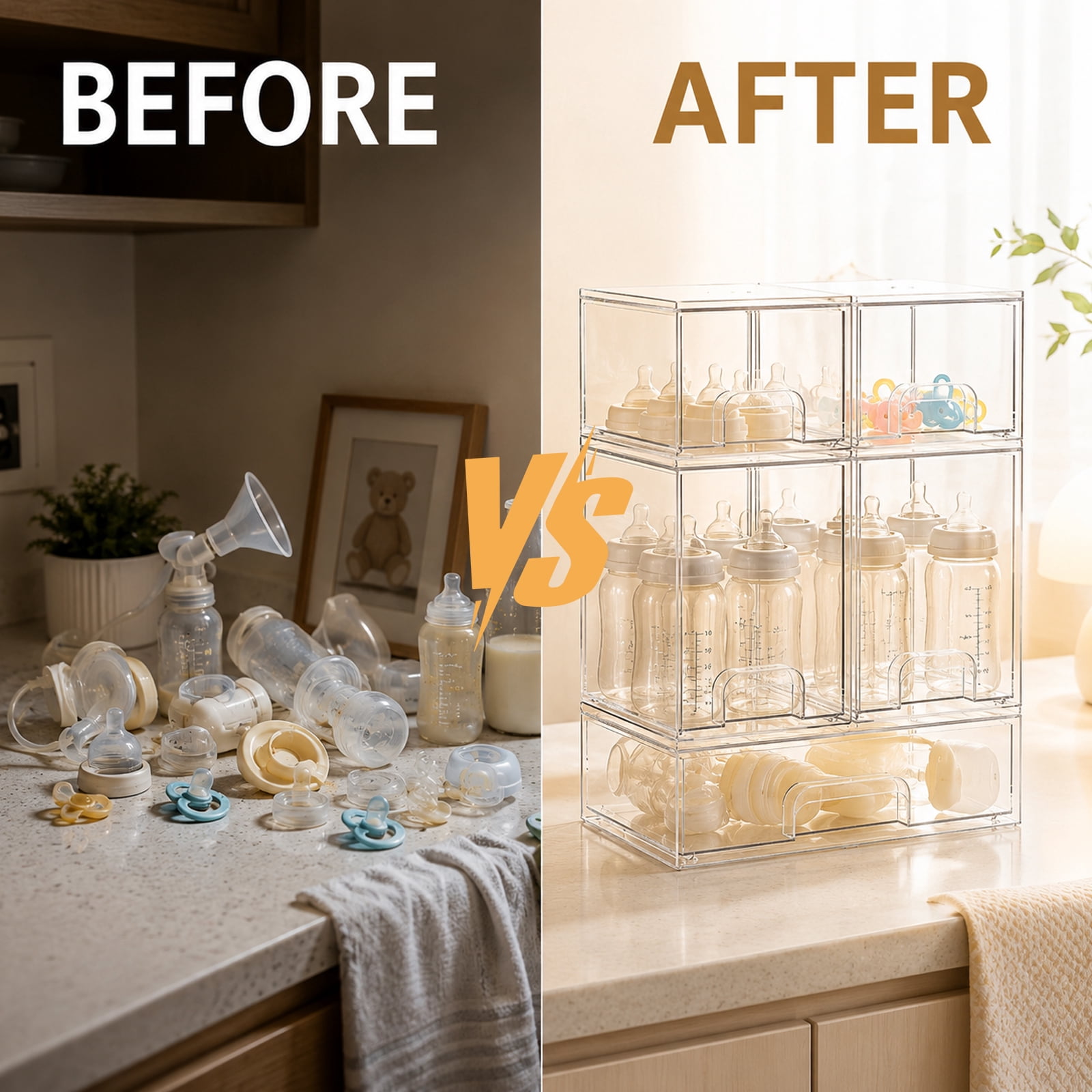 5-Piece Baby Bottle Organizer for Countertop, Clear Acrylic Drawer Set, Bottle Organizer for Pump Parts, Bottle Storage Organizer Baby for Nursery, Bathroom Vanity, Kitchen Counter