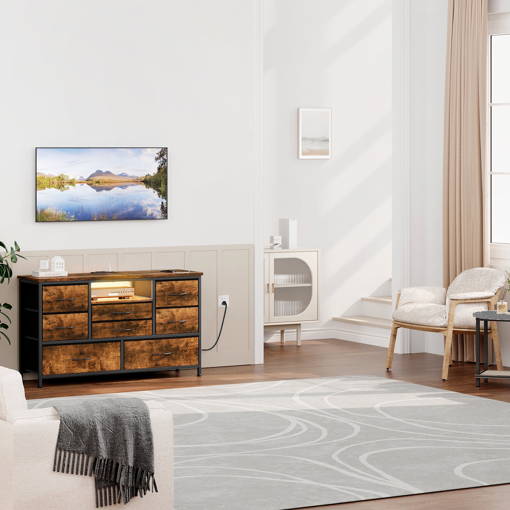 KOKEBREN 47.4"Wide Dressers for Bedroom 8 Fabric Drawers Dresser with LED lights & Power Outlet TV Stand for 55" TV,Rustic Brown