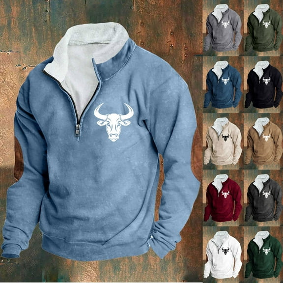 DODADAWANJ Mens Quarter Zip Sweatshirt Bull Graphic Stand Collar Sweatshirts Big and Tall Elbow Padded Pullover for Resort Vacation Camping Wine S