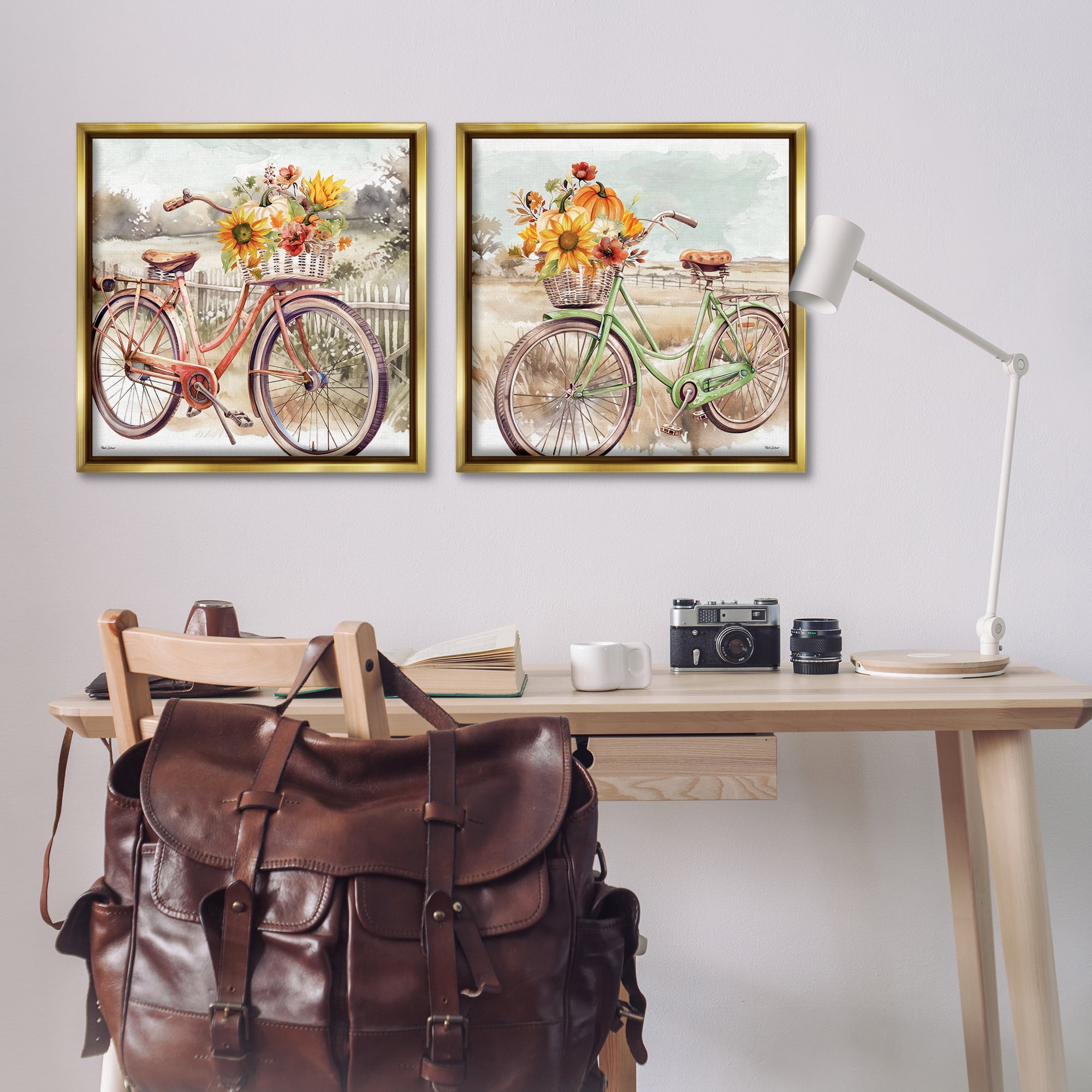 Stupell Industries Rustic Autumnal Bicycles Transportation Painting Gold Floater Framed Canvas Art Prints Wall Art, 25 x 25, Set of 2