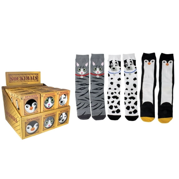 (3 Pack) Sockimals Ladies Animal Face Socks with Gift Boxes - Penguin, Cat, Dog - One Size Fits All