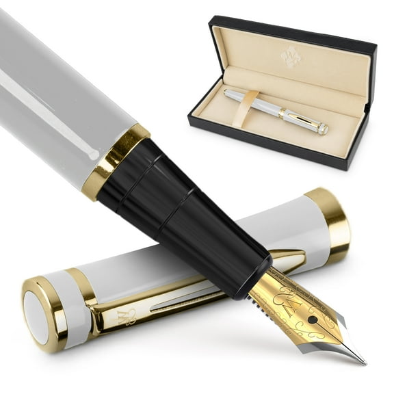 Wordsworth & Black Fountain Pen Set, 18K Gilded Medium Nib, Includes 06 Pack Ink Cartridges, Ink Refill Converter & Gift Box, Gold Finish, Calligraphy, [White Gold], Perfect for Men & Women