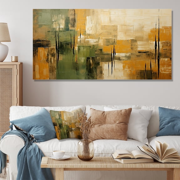 Designart "Wild Essence Collage in Green Beige I" Oversized Abstract Wall Art - Modern Green Tachisme Bedroom Canvas Wall Art