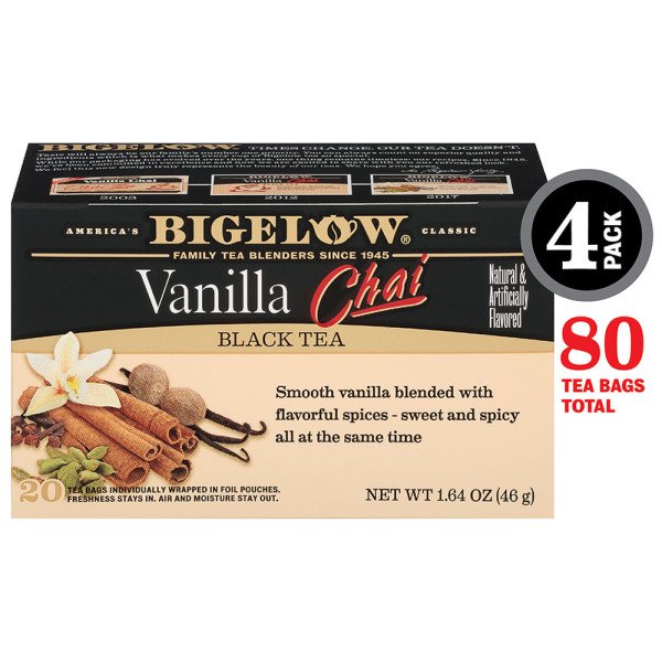 Bigelow Vanilla Chai Black Tea, Tea Bags, 20 Ct (4 Boxes)