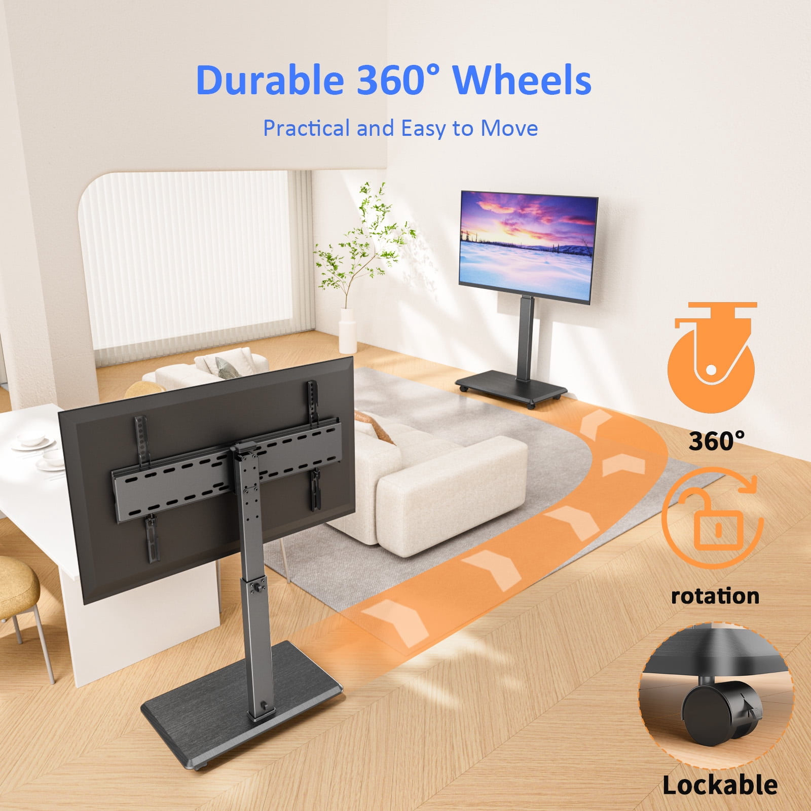 Rolling TV Stand, Portable Mobile TV Stand for 32-75 Inch TVs up to 110 lbs, 18 Adjustable Heights, Max VESA 600x400mm, Rolling TV Cart on Wheels with Mount for Bedroom, Office, Outdoor