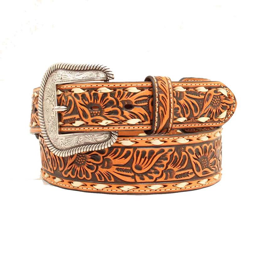 M AND F WESTERN Nocona Mens Floral Tooled Leather with Buckstitch Belt