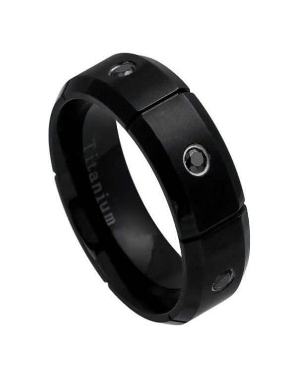 Custom Personalized Engraving Wedding Band Ring Set for Him & Her Titanium Band 8mm Black IP Plated Titanium Ring Multi-Grooved with Six Black CZs