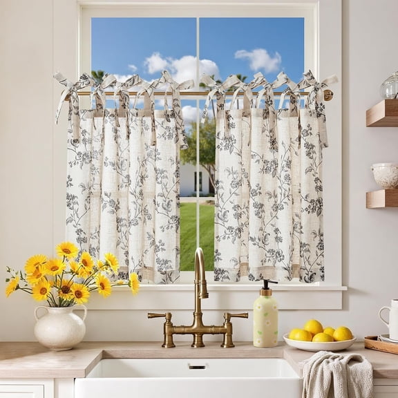 Floral Kitchen Curtains 24 Inch Linen Tier Curtains Farmhouse Cafe Half Window Drapes Over Sink Light Filtering Black on Beige for Living Room Laundry Tie Top 2 Panels