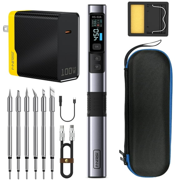 FNIRSI HS-02A Kit de Fer à Souder Portable Filaire 100W, Chauffage Rapide en 3S, 212-842℉, Température Prédéfinie par 3 Groupes, 6 Pointes de Soudure F245, Smart Di