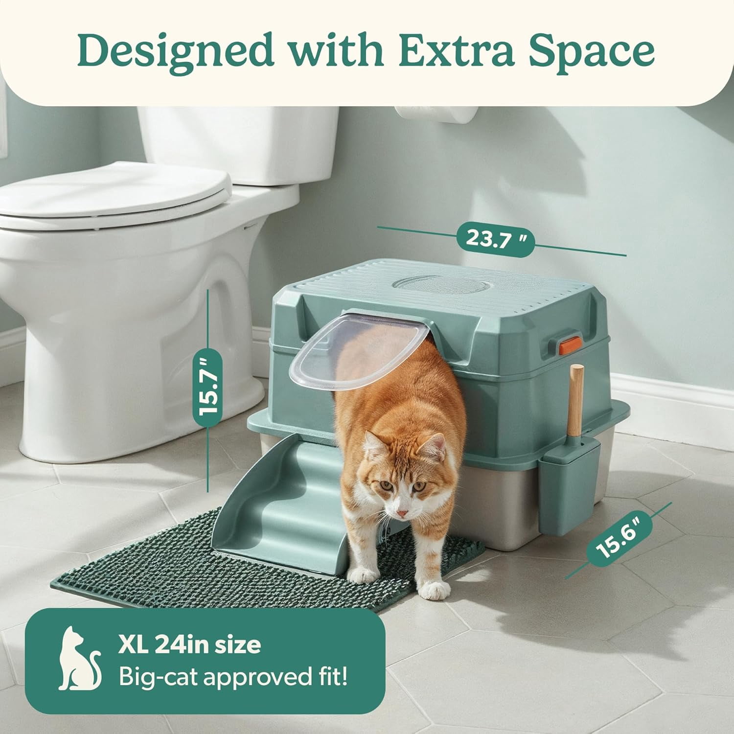 Petcove Stainless Steel Cat Litter Box XL with Lid – 3-in-1 Extra Large Covered Metal Cat Litter Box with High Wall Design & Carbon Filter – Green