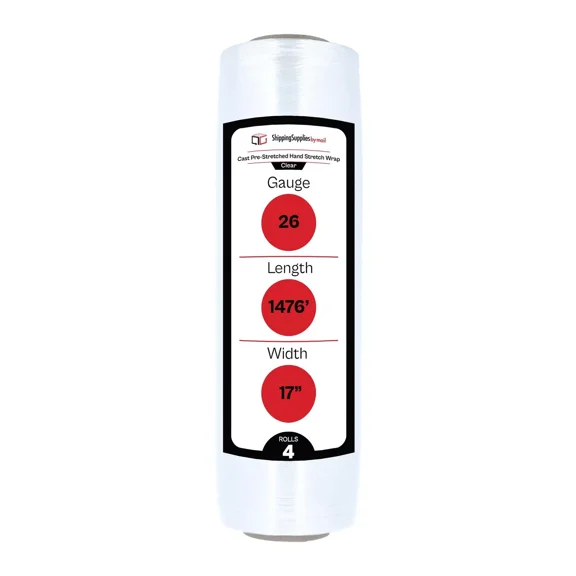 SSBM Cast Hand Pre-Stretch Wrap 17" x 1476' 4 Rolls 26 Gauge Plastic Clear Plastic Film for Shipping Storing