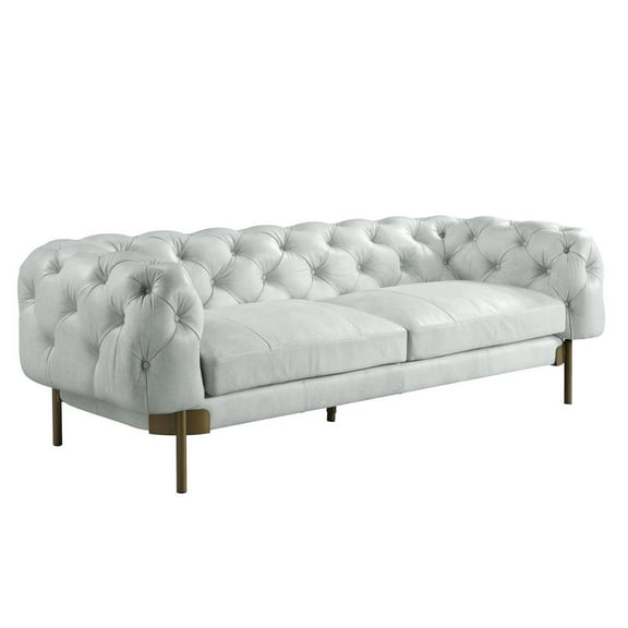 HomeRoots 96" Vintage White Top Grain Leather And Gold Sofa