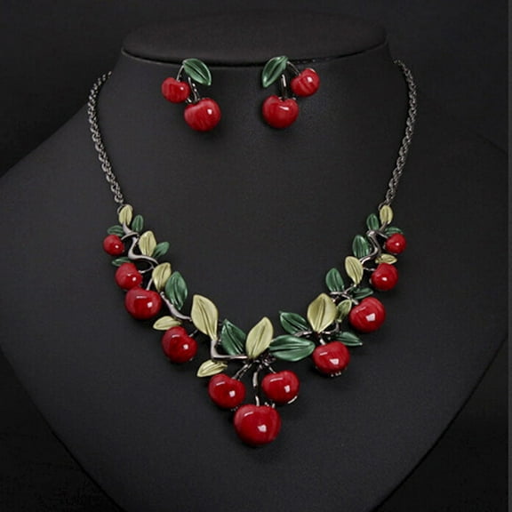 1 Set Fashion Red Cherry Jewelry Set Metal Bridal Necklace Earrings C WA