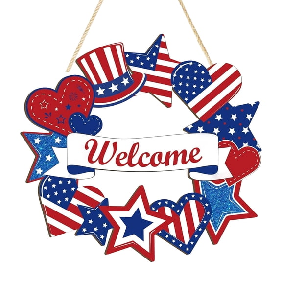 4th of July Decorations Patriotic Decorations Patriotic Wreath Welcome Sign Wooden Wreaths for Front Door Decorations Memorial Day Fourth of July Hanging Sign for Wall Indoor Home Decor