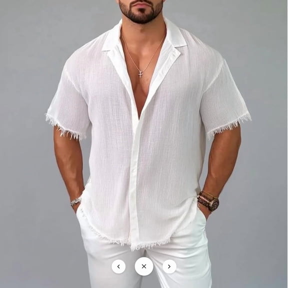 Men's Solid White Crinkle Texture Fringe Trim Short Sleeve Button Up Shirt, Loose Casual Top for Street Outdoor Summer Vacation Wear