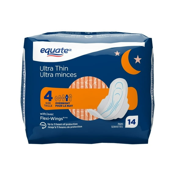 Equate Overnight Absorbency Ultra Thin Pads, 14 Pads, Long