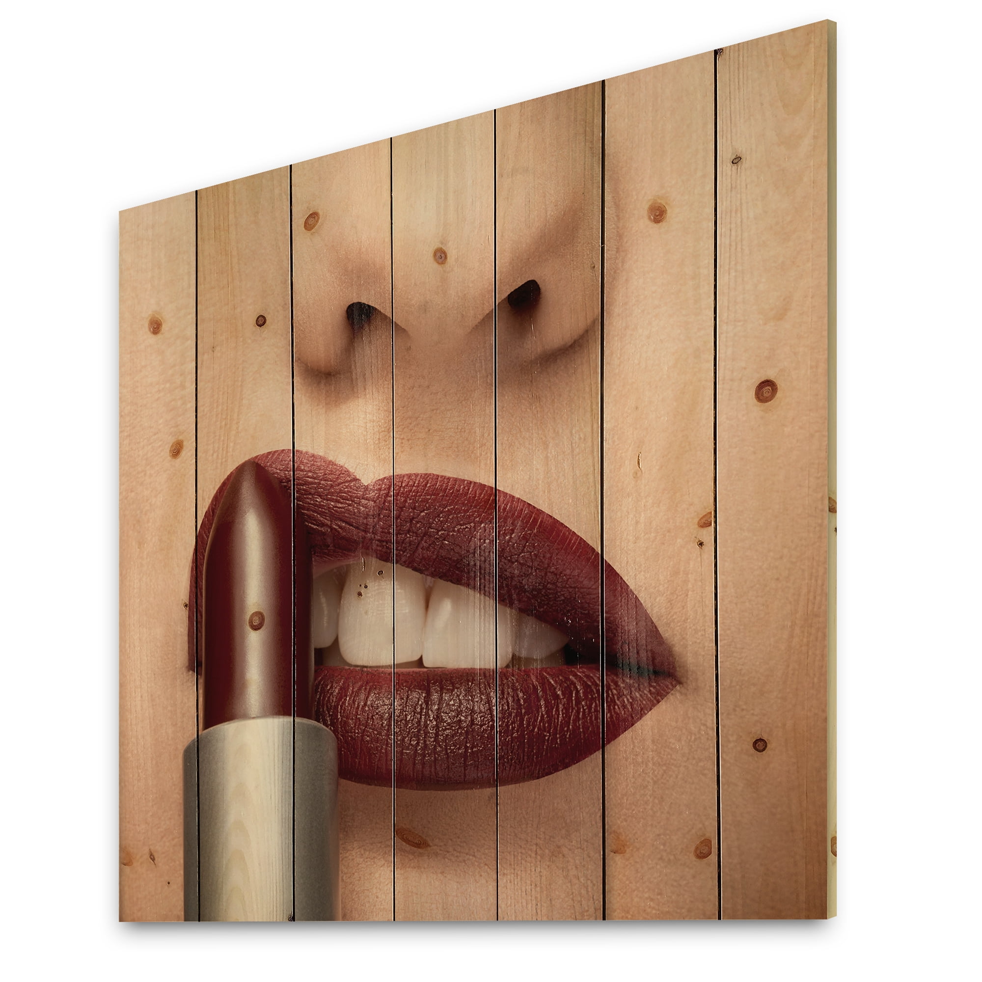 Designart 'Red Lipstick Getting Applyed On Woman Lips' Modern Print on Natural Pine Wood
