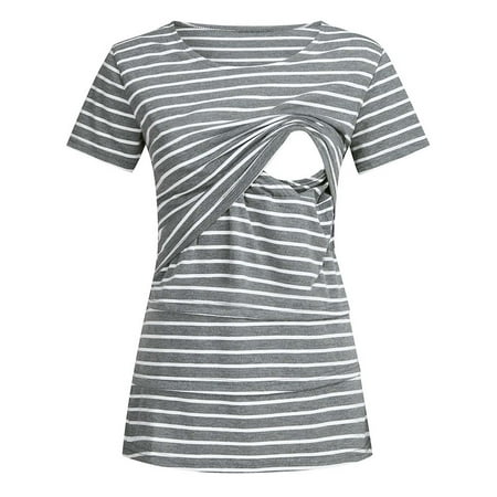 

Egmy Maternity O-Neck Stripeshort Sleeve Breast-Feeding Pregnant Woman Nursing Blouse