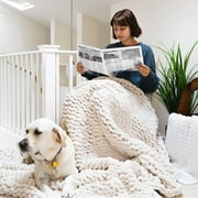 VIFUUR Chunky Knit Blanket Handmade Soft Throw Blanket, 40"x40", Beige