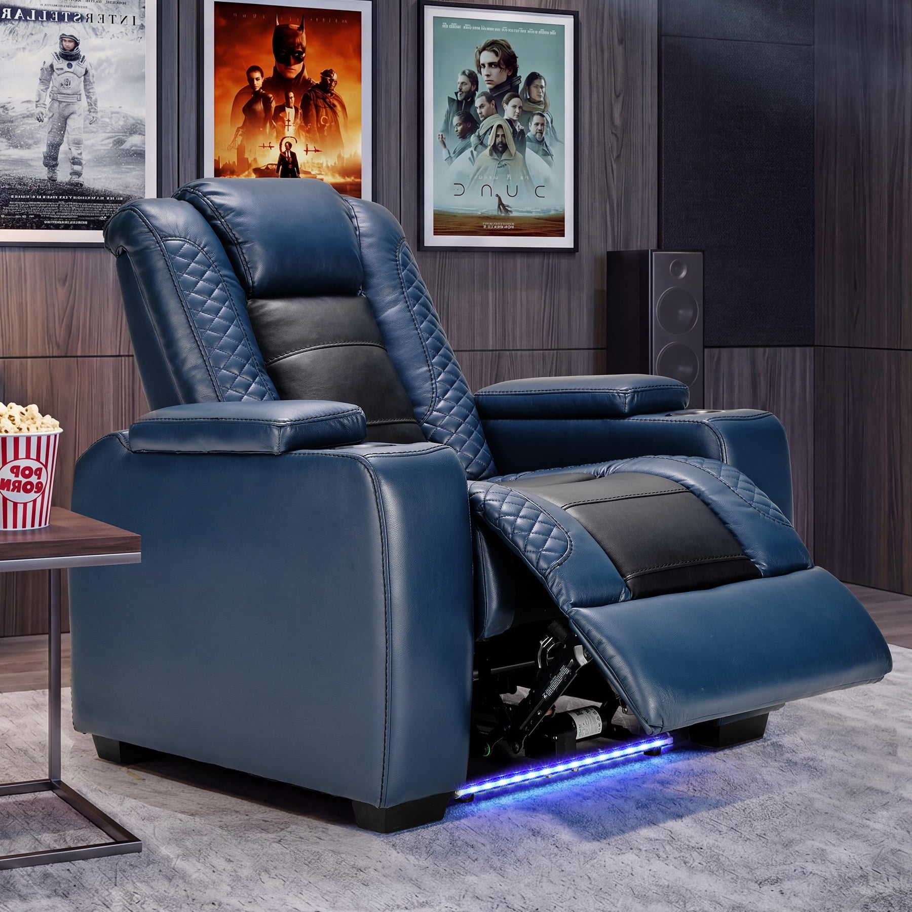 Bonzy Home Electric Recliner Chair with LED Lighting, Adjustable Headrest, USB Ports & Cup Holders, Hidden Arm Storage, Home Theater Seating Reclining Chair, Blue