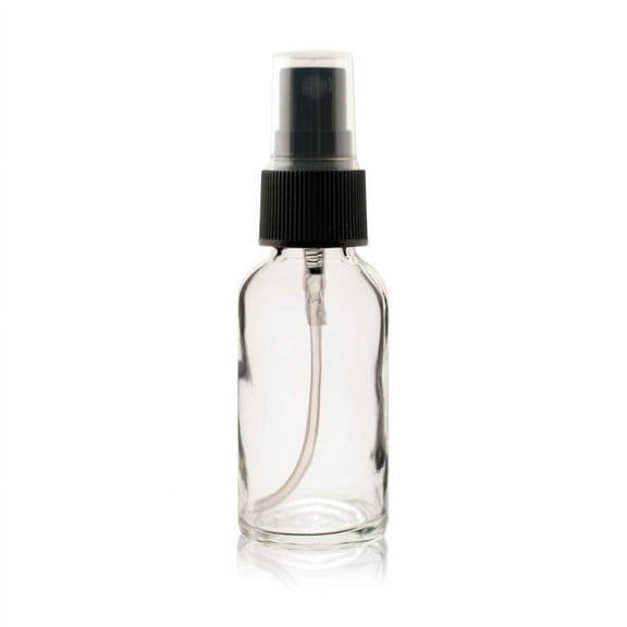 1 oz CLEAR Boston Round Glass Bottle - w/ Black Fine Mist Sprayer - pack of 6