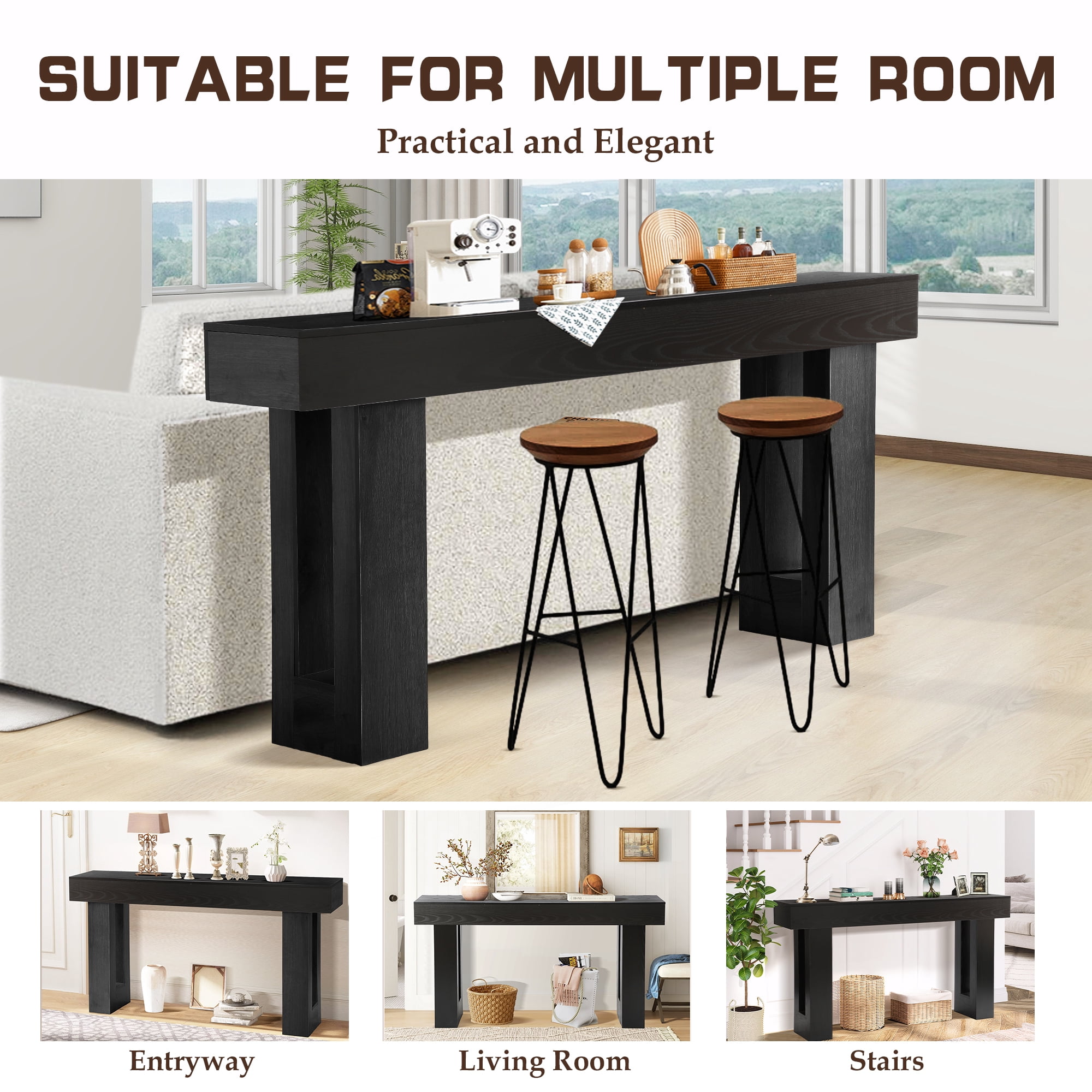 Magic Union 63" Long Console Table for Entryway, Wood Rectangular Sofa Table Behind Couch with 2-tier Open Storage and Weighted Base, Foyer Accent Tables for Entryway, Hallway, Living Room