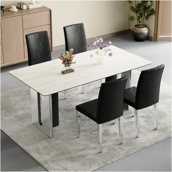 JERFIT 4-Pack Modern PU Leather Dining Chairs with Metal Legs, Black and Silver Accent Stackable Side Chairs for Kitchen, Dining Room, Office