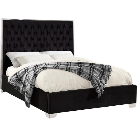 Meridian Furniture Lexi Contemporary Velvet Upholstered Platform Bed with Chrome Legs, Black